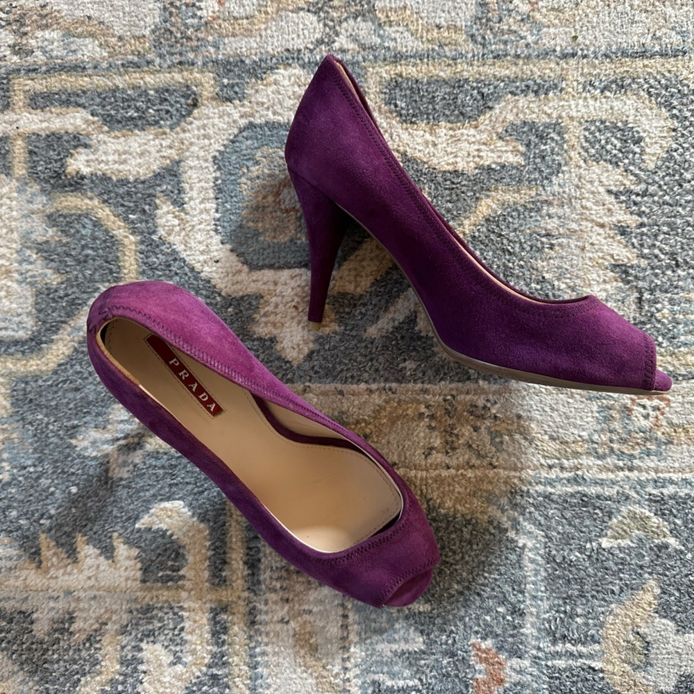 Sz 37 1/2 Prada Women's Purple Peep Toe Heels - Picture 1 of 11